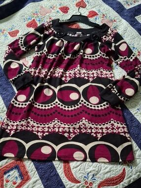Panilli Women's Med Dress Tunic Purple Black & White Button Accent Neck